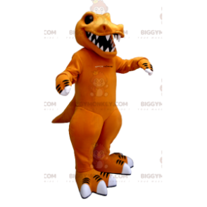 Kostium maskotka pomarańczowy i biały dinozaur z dużymi zębami