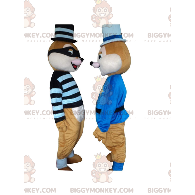 mascotes esquilos do BIGGYMONKEY™, um prisioneiro e um policial