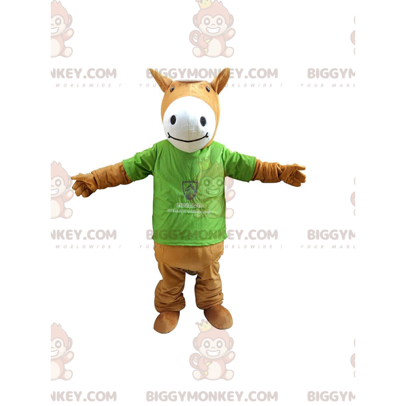 Traje de mascote BIGGYMONKEY™ de cavalo marrom e branco, traje