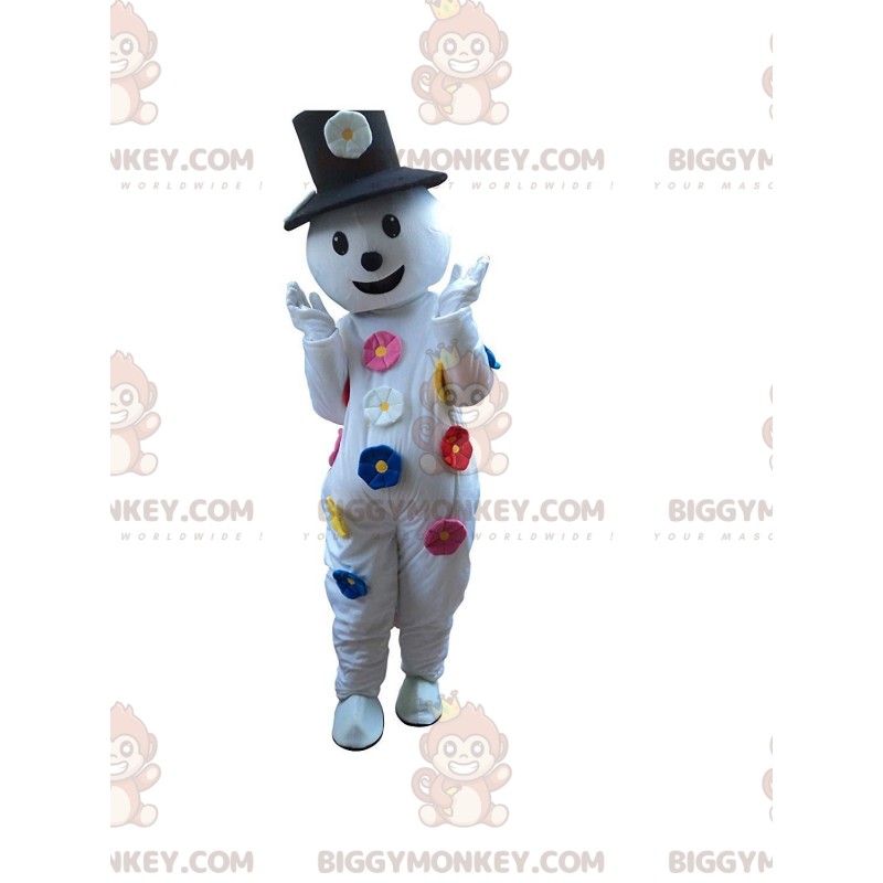 BIGGYMONKEY™ Maskottchen Kostüm Schneemann mit Blumen und Hut -