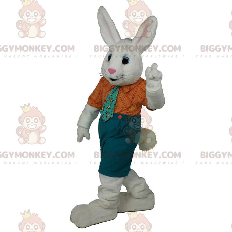 Costume de mascotte BIGGYMONKEY™ de lapin blanc avec une tenue