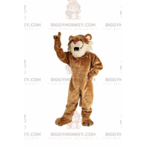 Traje de mascote BIGGYMONKEY™ tigre dente de sabre bege, traje