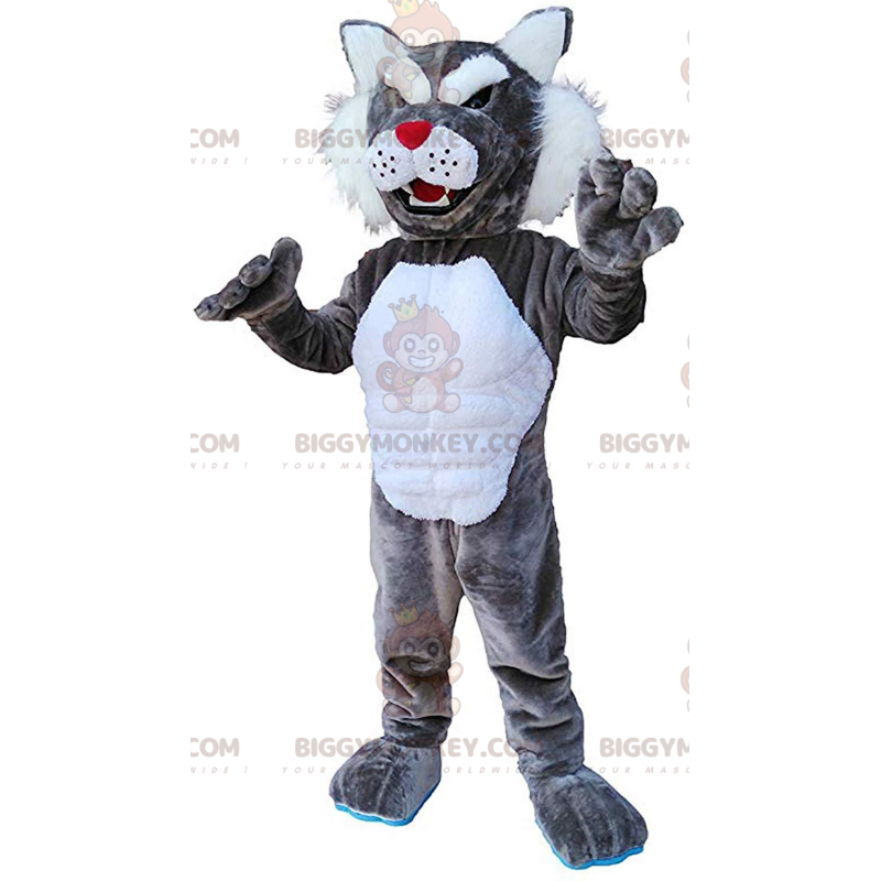 Traje de mascote BIGGYMONKEY™ de puma cinza e branco, traje de