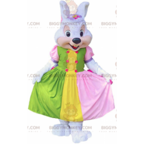 Rabbit BIGGYMONKEY™ mascot costume with colorful dress, bunny