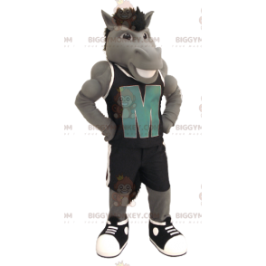 Traje de mascote BIGGYMONKEY™ Cavalo cinza com roupas