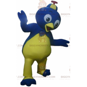 Blauwe en gele vogel BIGGYMONKEY™ mascottekostuum, kleurrijk