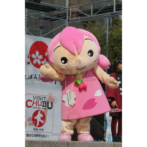 BIGGYMONKEY™-mascottekostuum met haar en roze jurk voor meisjes