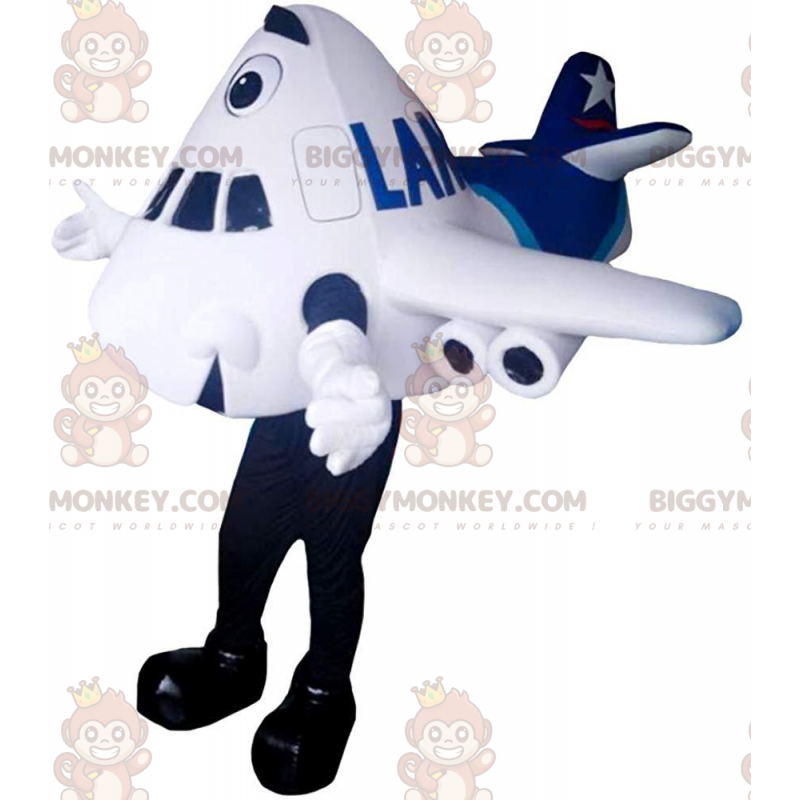 Traje de mascote BIGGYMONKEY™ de avião gigante branco e azul