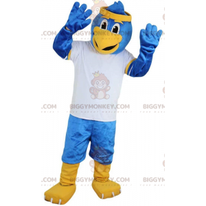 BIGGYMONKEY™ mascot costume of blue bird in sportswear, vulture
