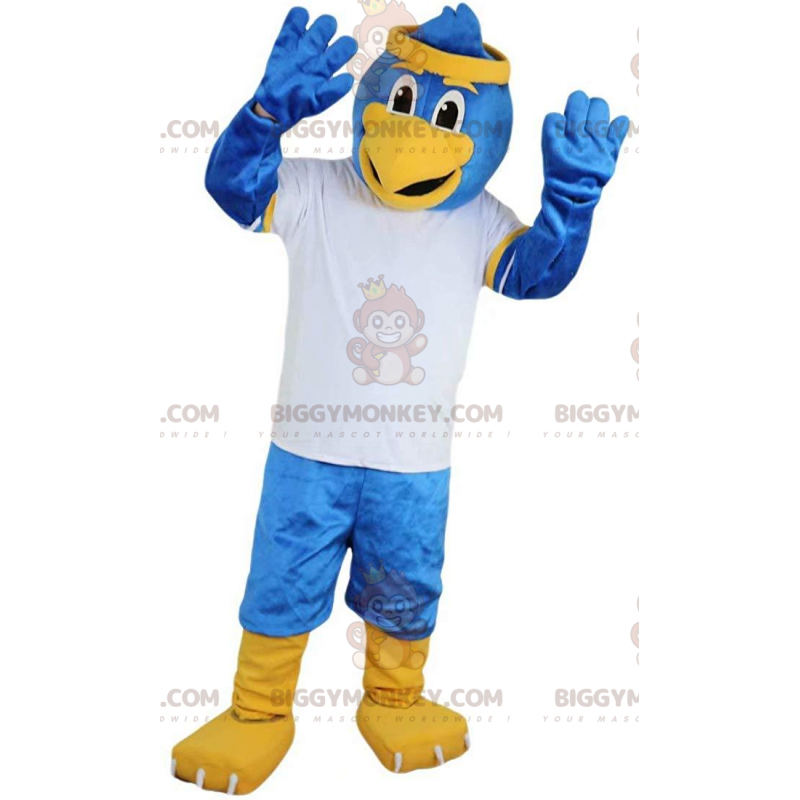 Traje de mascote BIGGYMONKEY™ de pássaro azul em roupas