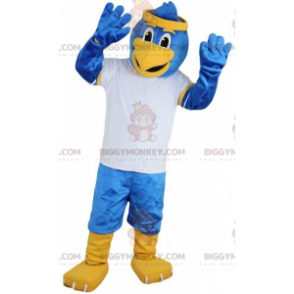 BIGGYMONKEY™ mascot costume of blue bird in sportswear, vulture