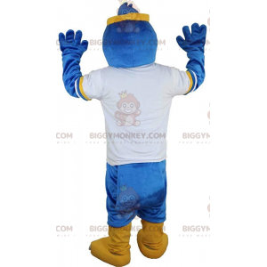 BIGGYMONKEY™ maskotdräkt av blå fågel i sportkläder, gamdräkt -