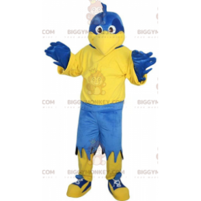 Blå och gul örn BIGGYMONKEY™ maskotdräkt, jätteblå fågeldräkt -