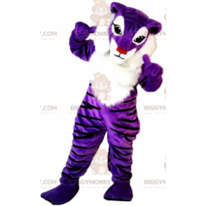 Traje de mascote BIGGYMONKEY™ de tigre roxo e branco, traje de