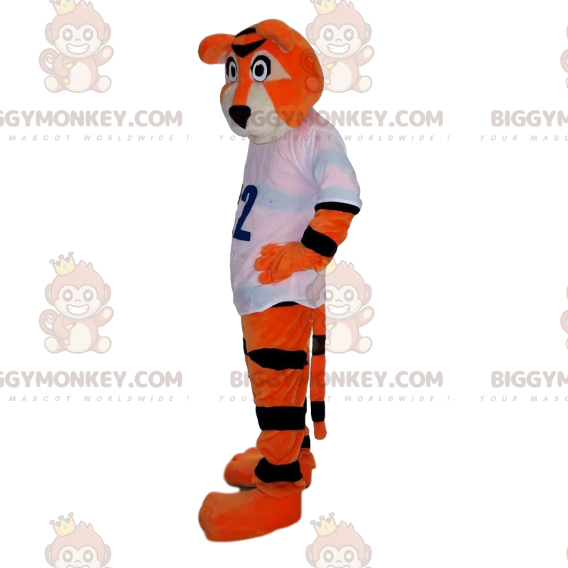 Traje de mascote BIGGYMONKEY™ de tigre laranja e preto com