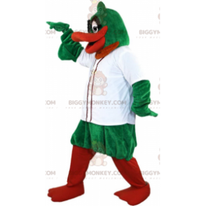 Traje de mascote BIGGYMONKEY™ de pato verde e laranja com