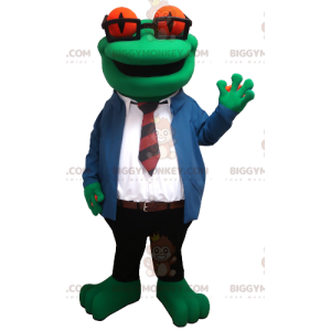 Kostým maskota žáby BIGGYMONKEY™ s brýlemi a kravatovým oblekem