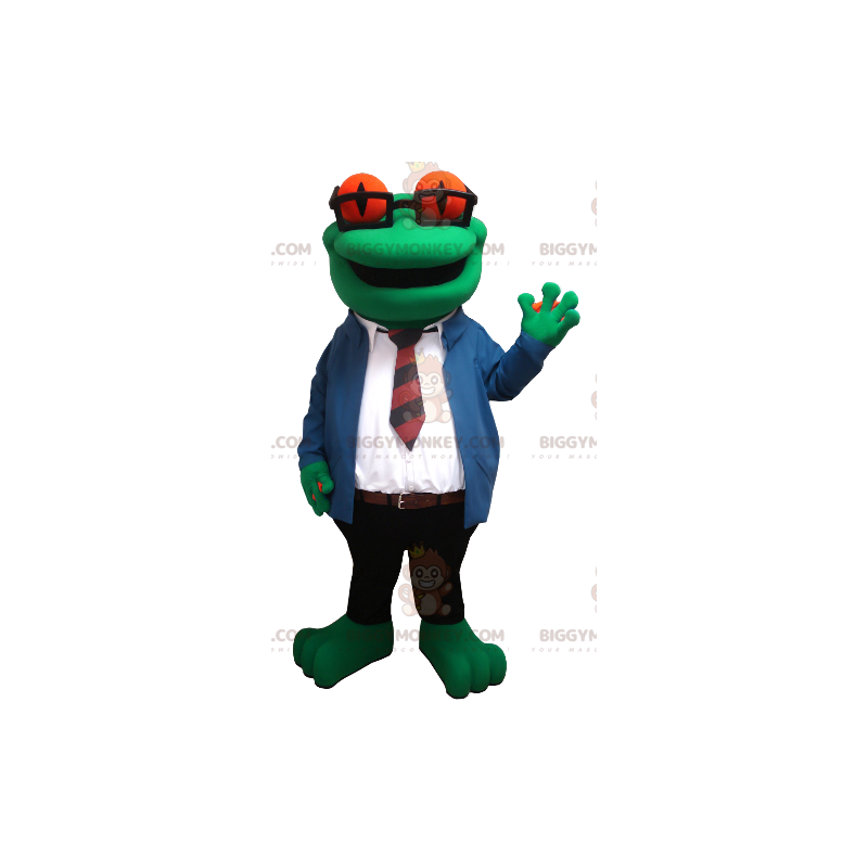 Kostým maskota žáby BIGGYMONKEY™ s brýlemi a kravatovým oblekem