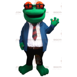 Frog BIGGYMONKEY™ maskottiasu, jossa lasit ja solmiopuku -