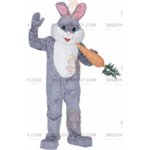 Kostým maskota BIGGYMONKEY™ Šedobílý zajíček s obří mrkví –