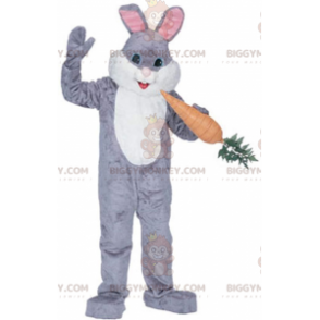 Traje de mascote BIGGYMONKEY™ Coelho cinza e branco com cenoura