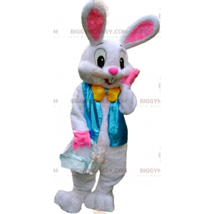 BIGGYMONKEY™ Mascottekostuum wit en roze konijn met blauw vest