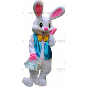 BIGGYMONKEY™ maskotkostume Hvid og lyserød kanin med blå vest -