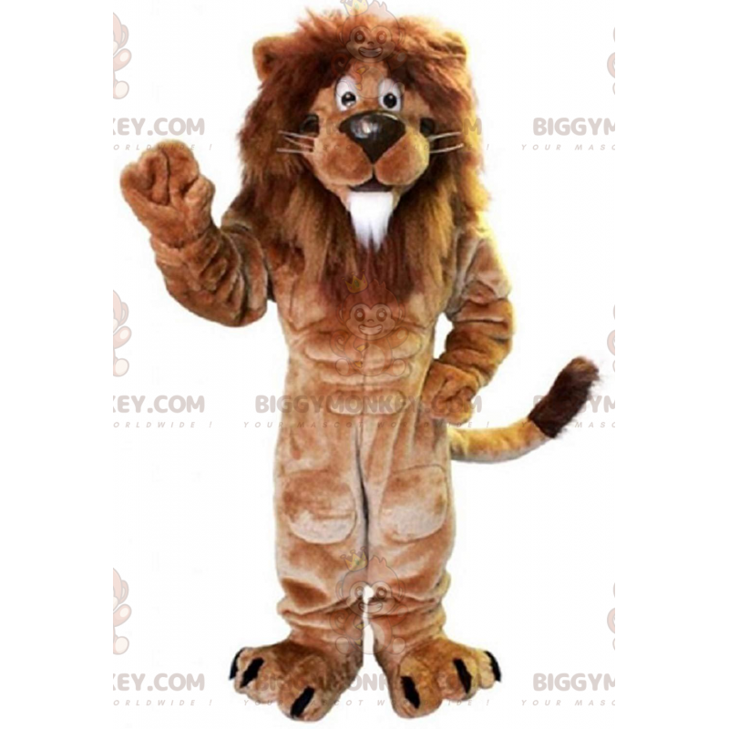 Brązowy kostium maskotki z dużą grzywą umięśnionego lwa