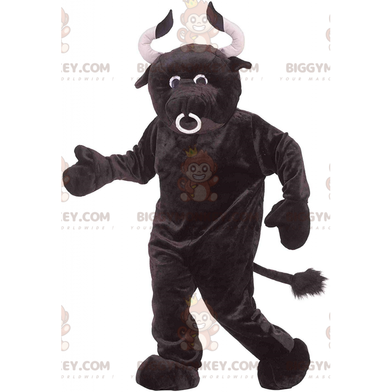 Kostým maskota BIGGYMONKEY™ býka s velkými rohy, farmářský