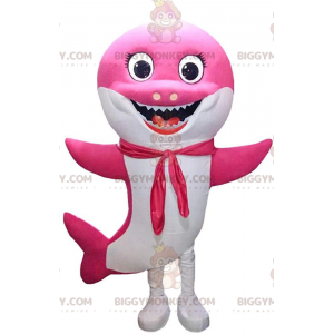 Traje de mascote BIGGYMONKEY™ muito sorridente tubarão rosa e