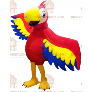 Disfraz de mascota BIGGYMONKEY™ de loro rojo, amarillo y azul