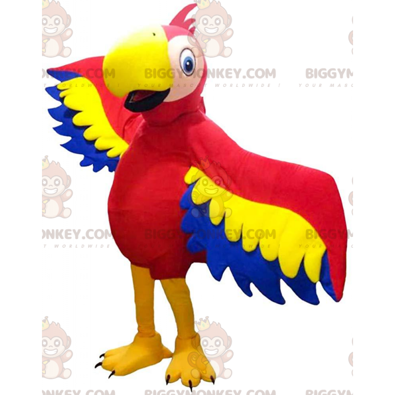 Costume de mascotte BIGGYMONKEY™ de perroquet rouge, jaune et