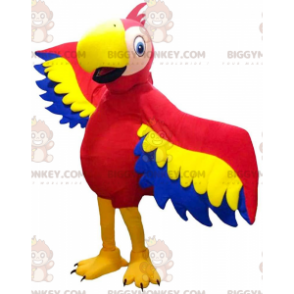 BIGGYMONKEY™ mascot costume of red, yellow and blue parrot