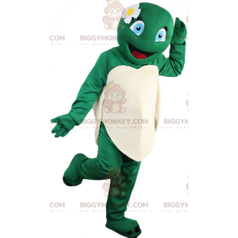 BIGGYMONKEY™ maskotdräkt av kvinnlig och leende sköldpadda