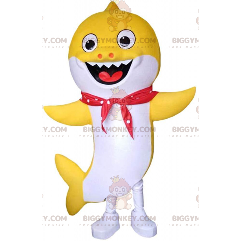 Traje de mascote BIGGYMONKEY™ de tubarão amarelo e branco