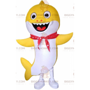 Traje de mascote BIGGYMONKEY™ de tubarão amarelo e branco