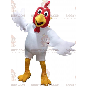 Traje de mascote BIGGYMONKEY™ galo branco e vermelho, fantasia