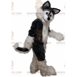 Traje de mascote BIGGYMONKEY™ de husky cinza e branco, traje de