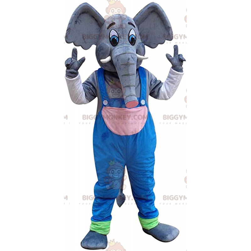 Elephant BIGGYMONKEY™ mascot costume with overalls, pachyderm