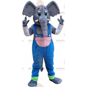 Elephant BIGGYMONKEY™ mascot costume with overalls, pachyderm