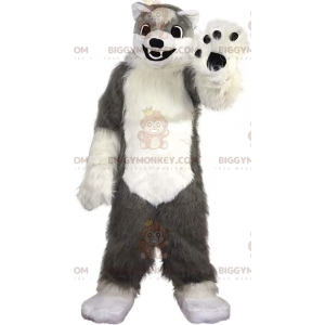 Traje de mascote BIGGYMONKEY™ de cachorro cinza e branco macio