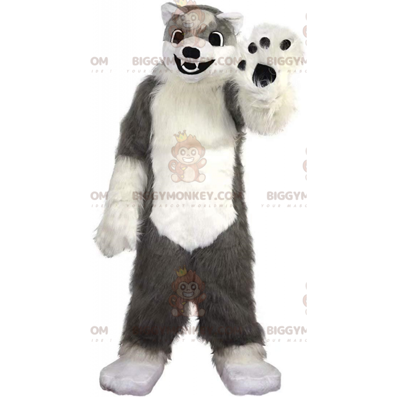 BIGGYMONKEY™ maskotkostume af blød og lodnet grå og hvid hund