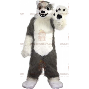 Traje de mascote BIGGYMONKEY™ de cachorro cinza e branco macio