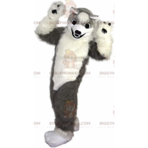 Traje de mascote BIGGYMONKEY™ de cachorro cinza e branco macio