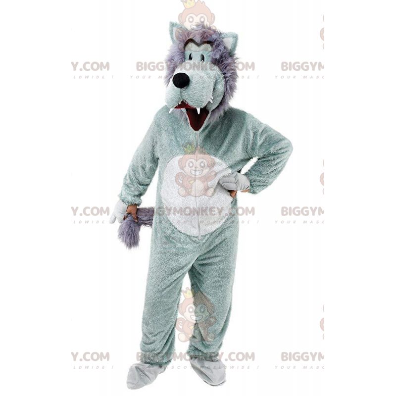 BIGGYMONKEY™ Grijze en witte wolf mascotte kostuum, leuke en
