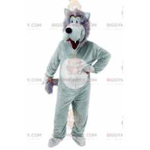 BIGGYMONKEY™ Grau-weißes Wolf-Maskottchen-Kostüm, lustiges und