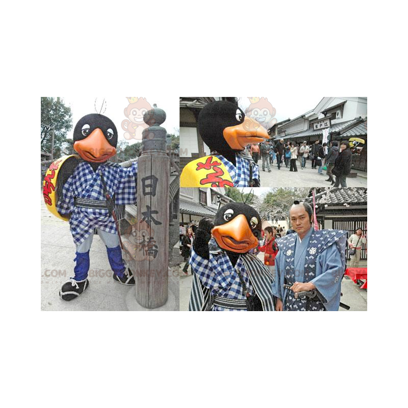 Traje de mascote BIGGYMONKEY™ de pássaro preto e laranja com