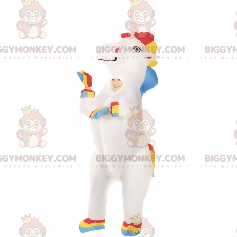 Very colorful inflatable unicorn BIGGYMONKEY™ mascot costume