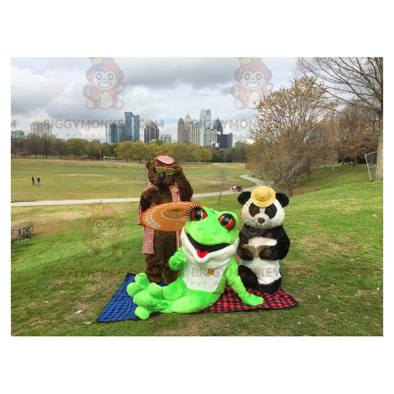 3 maskoti BIGGYMONKEY™: medvěd hnědý, panda a zelená žába –