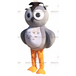 Costume de mascotte BIGGYMONKEY™ de hibou gris et blanc avec un